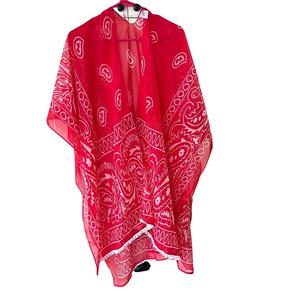 Boutique  Bandana Beach Cover Up Open Front  Sheer Poncho Kimono Tassel One Size